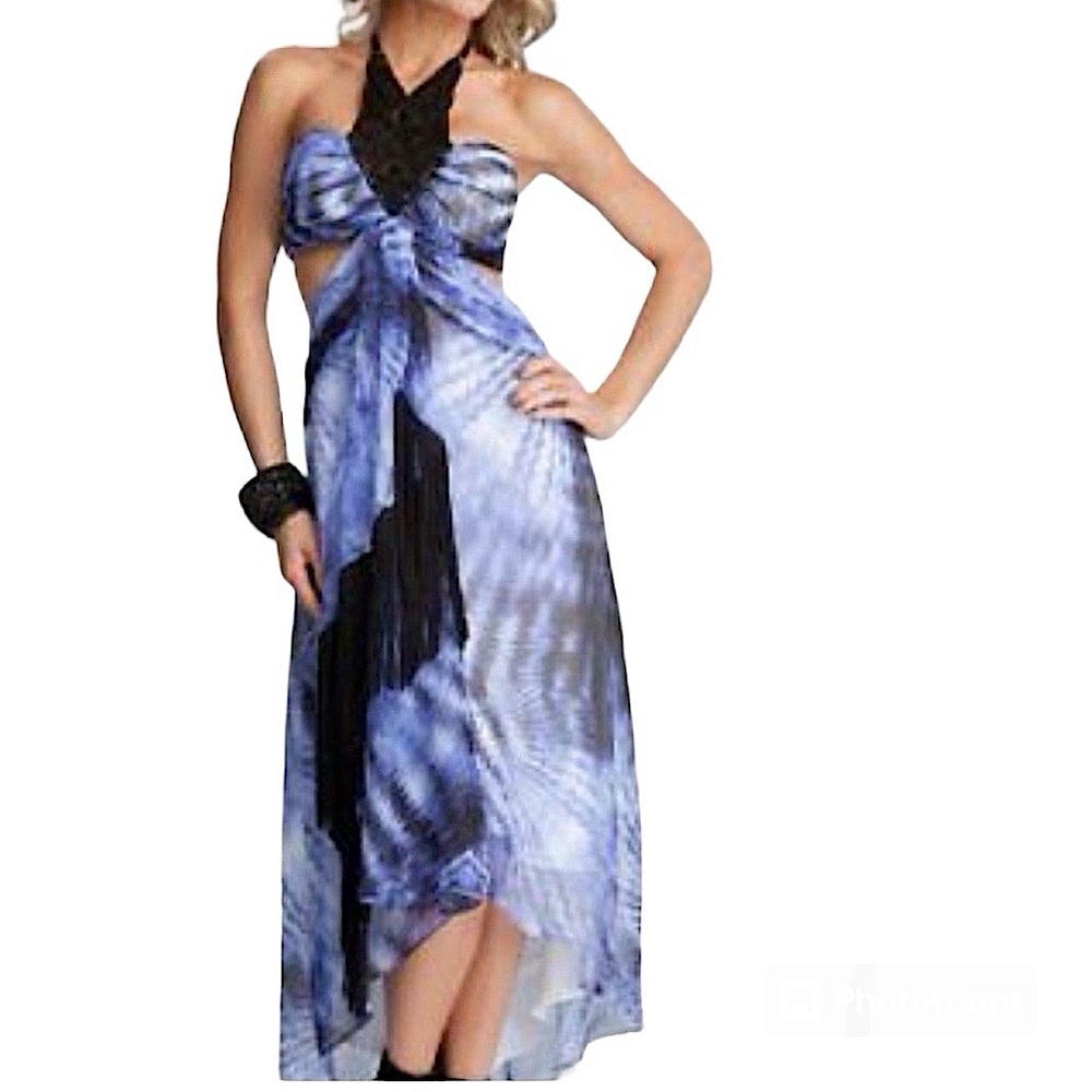 Bebe Bohemian Luxe Tie Dye Fringe Crochet Cut Out High Low Dress Blue Black Boho - Picture 9 of 16